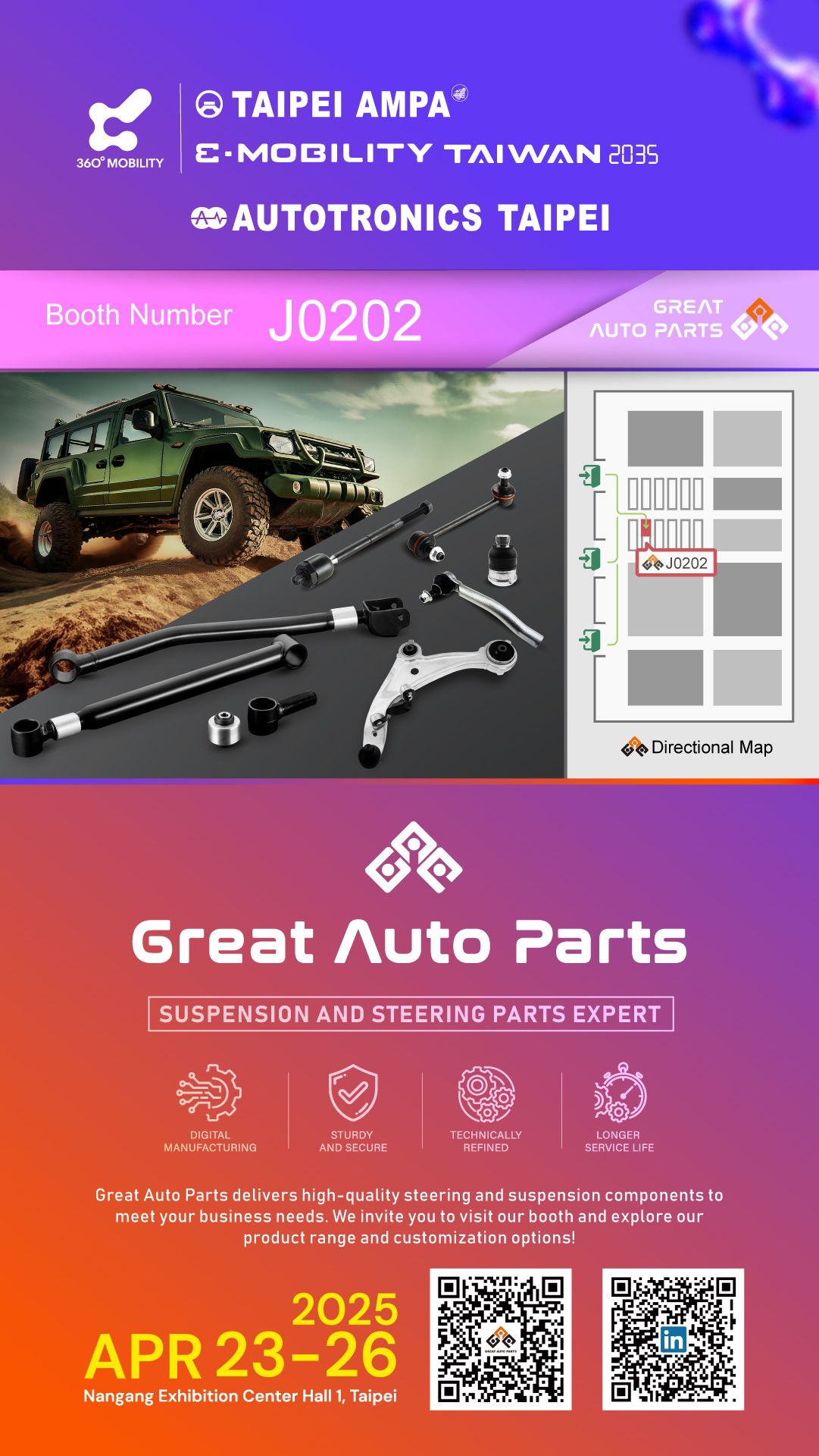 Great Auto Parts sẽ tham gia triển lãm TAIPEI AMPA 2025 từ ngày 23 – 26 tháng 4 năm 2025, tại Gian hàng J0202